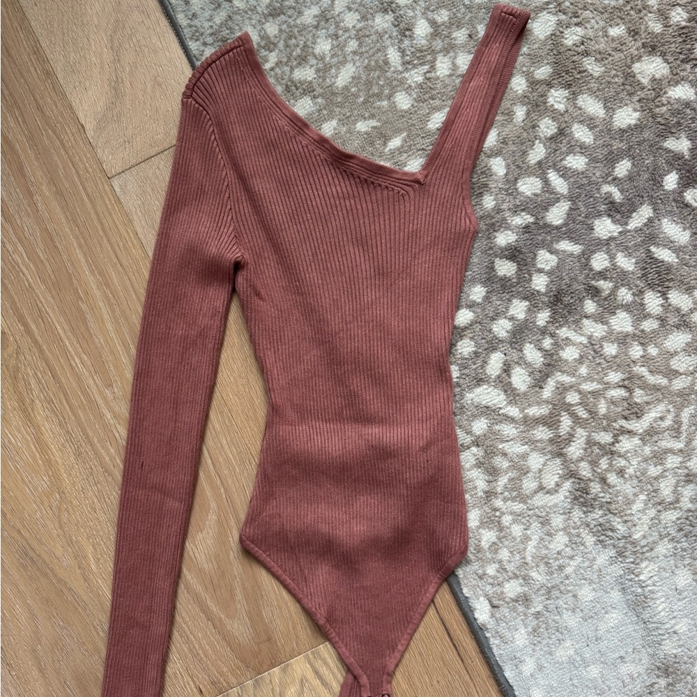 Abercrombie & Fitch Brown/pink Asymmetrical Long Sleeve Bodysuit